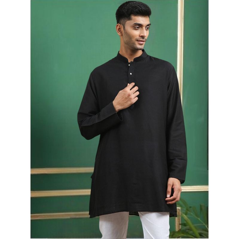 TATTVA Black Toned Embroidered Cotton Short Kurta (36)