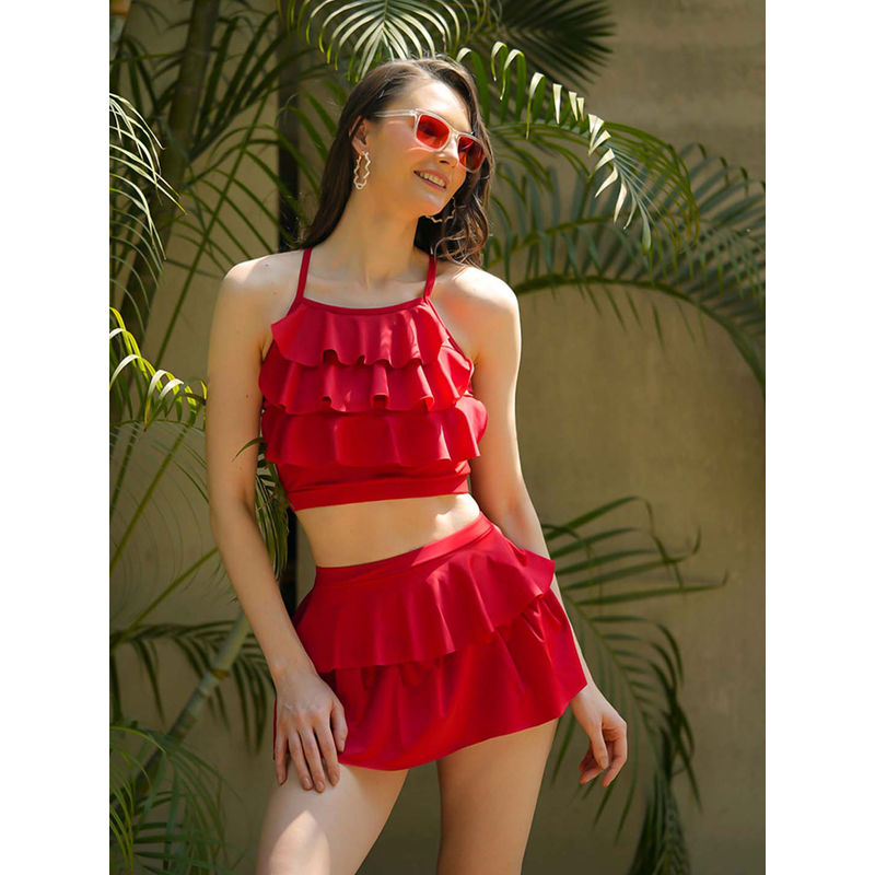 Cukoo Padded Red Two piece Skirtini Swimwear - Red (M)