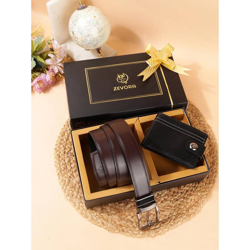 ZEVORA Men Accessory Reversiable Belt and Wallet Gift Set-Brown (36)