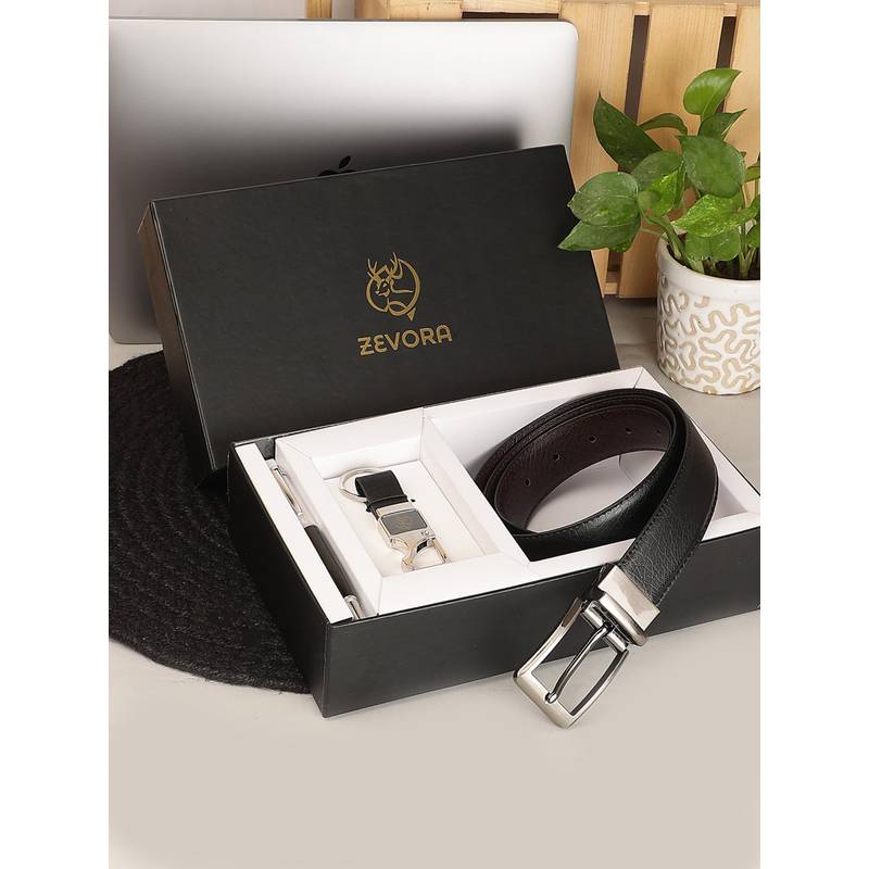 ZEVORA Men Reversible Belt, Keychain and Pen Gift Set-Black (40)