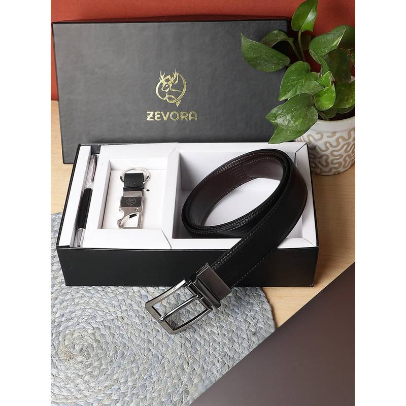ZEVORA Men Reversible Belt, Keychain and Pen Gift Set-Black (28)