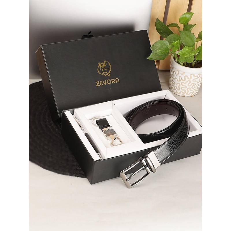 ZEVORA Men Reversible Belt, Keychain and Pen Gift Set-Black (28)
