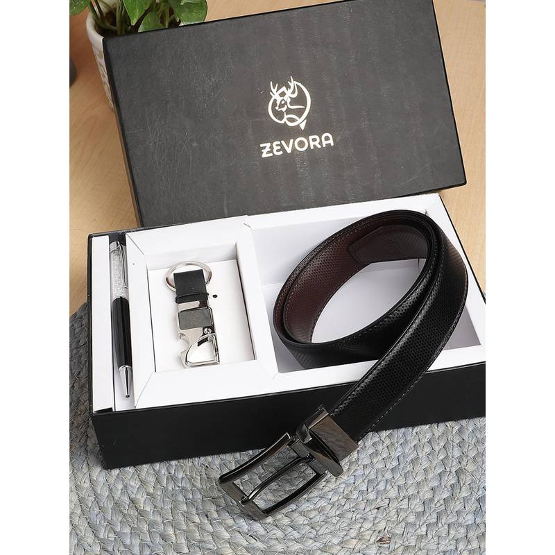 ZEVORA Men Reversible Belt, Keychain and Pen Gift Set-Black (28)