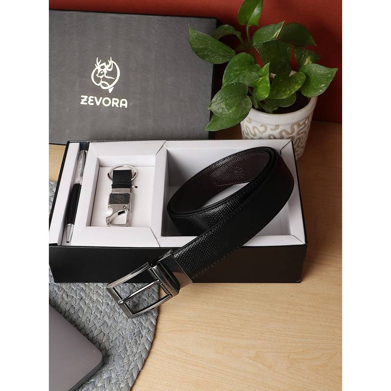 ZEVORA Men Reversible Belt, Keychain and Pen Gift Set-Black (28)