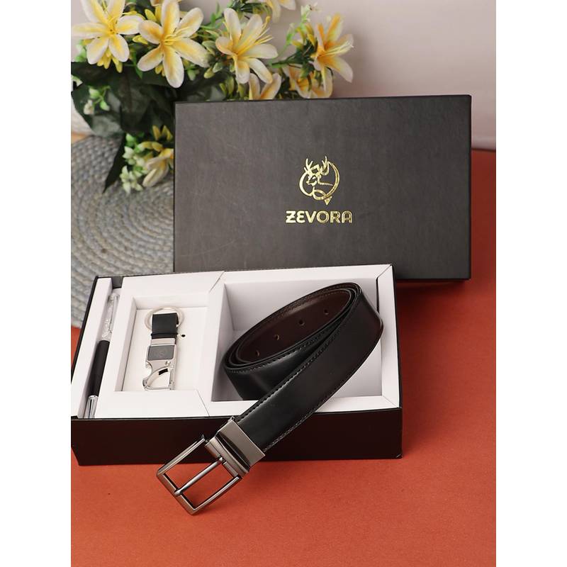 ZEVORA Men Reversible Belt, Keychain and Pen Gift Set-Black (28)