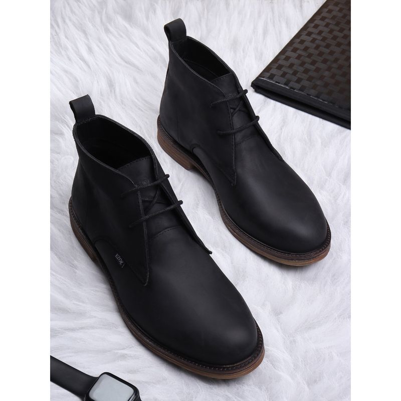 EZOK Men Black Lace Up Solid Pattern Leather Boots (UK 7)