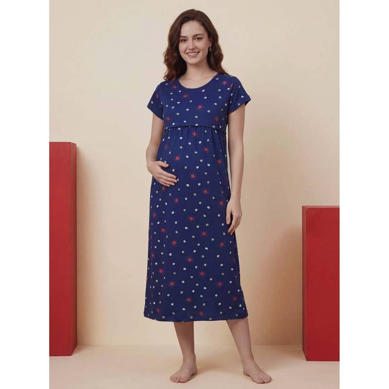 Secret Wish Blue Floral Hosiery Maternity Night Dress (2XL)