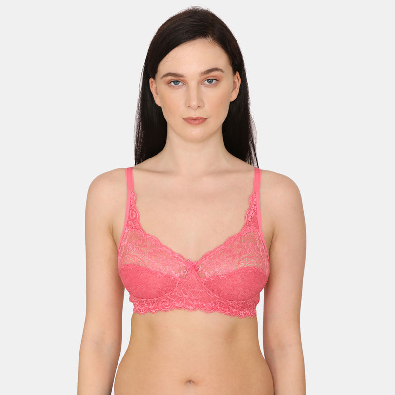 Zivame Rosaline Everyday Single Layered Non Wired 3/4th Coverage Lace Bra - Pink Lemonade (32B)