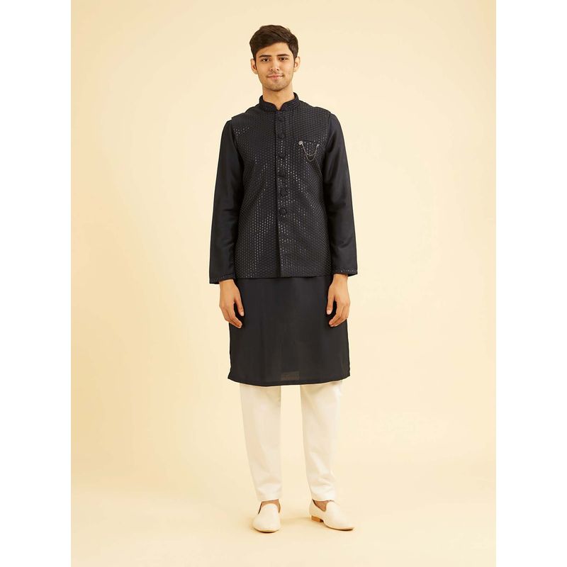 Manyavar Black Kurta with Jacket, Brooch & Pyjama For Men (M)