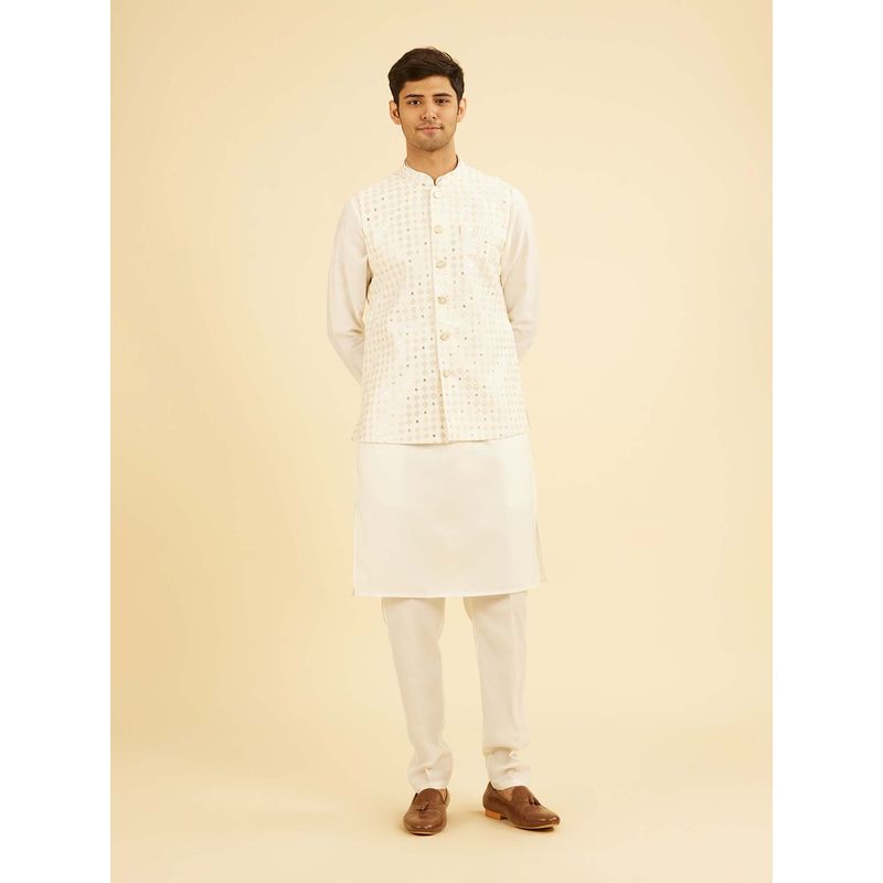 Manyavar Warm Off White Kurta with Jacket, Pocket Square & Churidar For Men (S)