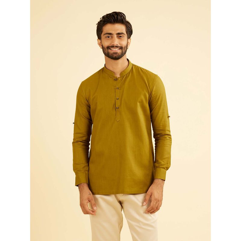 Manyavar Olive Green Refined Short Kurta For Men (L)