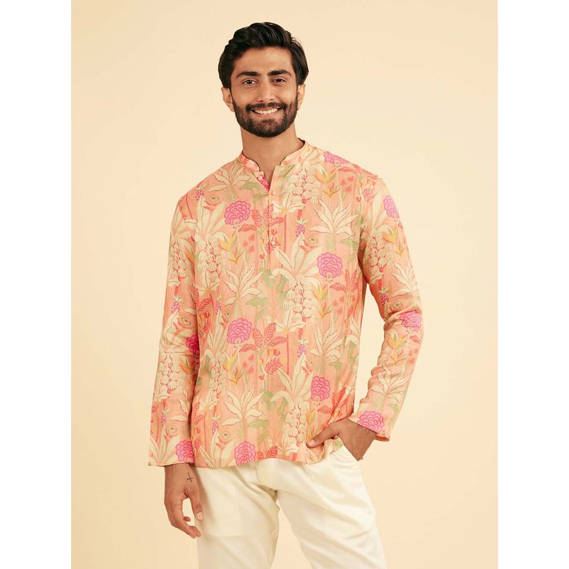 Manyavar Pink Satin Elegance Short Kurta For Men (M)