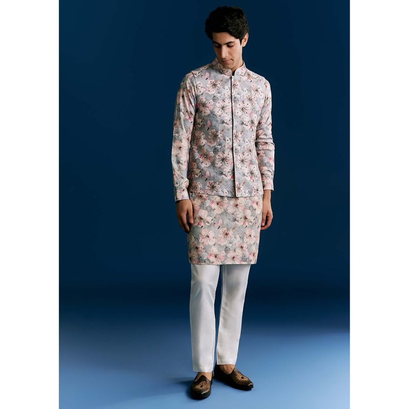 KALKI FASHION Grey Silk Kurta & Jacket with Pyjama With Sequins And Thread Embroidery (XL)