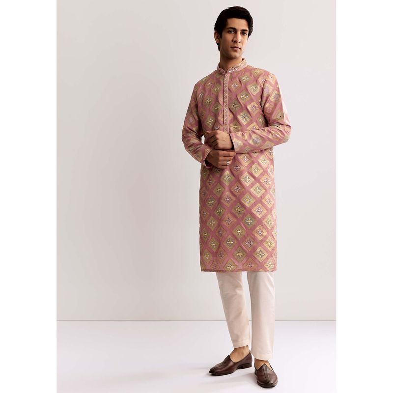 KALKI FASHION Pink Silk Kurta & Pyjama With Mirror Geometric Print (XL)