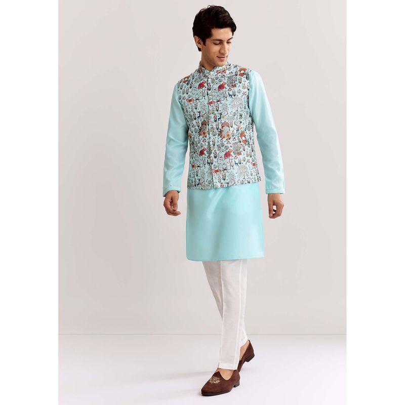 KALKI FASHION Sky Blue Jacquard Kurta & Jacket with Pyjama (L)