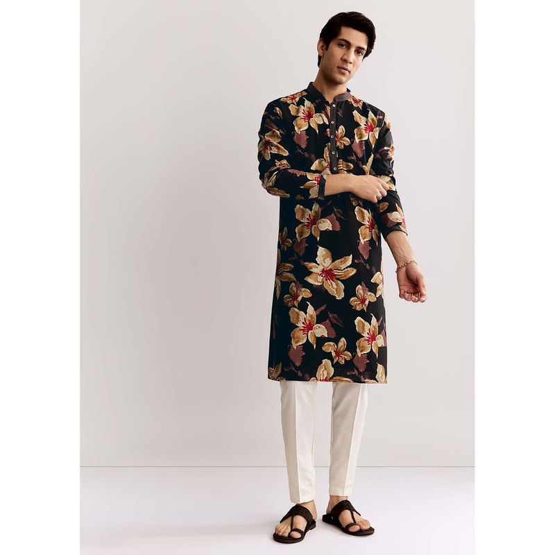 KALKI FASHION Black Silk Kurta & Pyjama With Floral Print (XL)