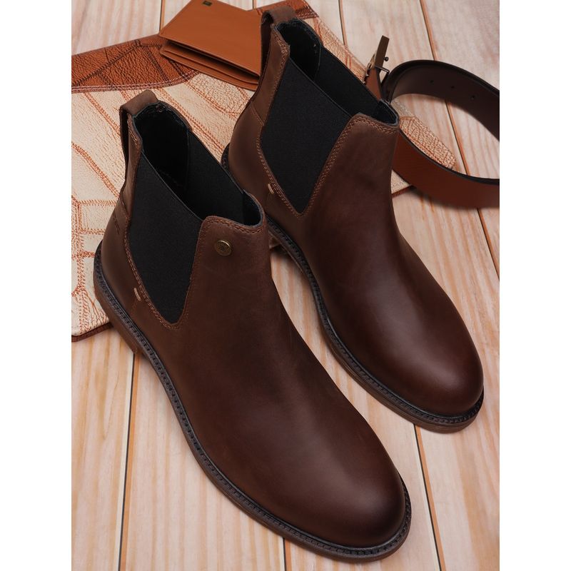 EZOK Men Brown Solid Pattern Leather Chelsea Boots (UK 6)