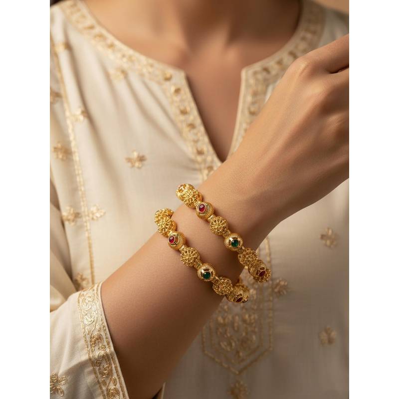 NVR Women Gold Plated Artificial Stone Bangles (XS)