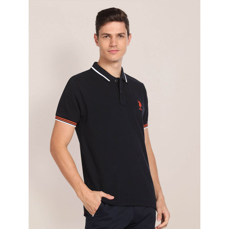 U.S. POLO ASSN. Striped Collar Solid Polo T-Shirt (M)