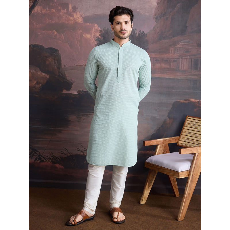 Sanwara Men Cotton Chikankari Stylish Kurta and Pyjama In Light Green (Set of 2) (36)