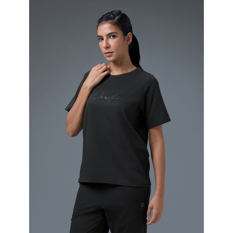 Technosport Women Printed Relaxed Fit Round Neck Black Sport T-Shirt (S)