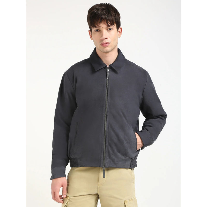 Calvin Klein Grey Solid Regular Fit Leather Jacket (M)