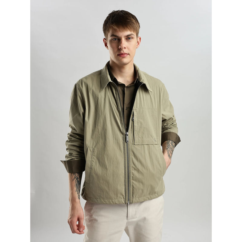 Calvin Klein Olive Solid Regular Fit Cotton Jacket (S)