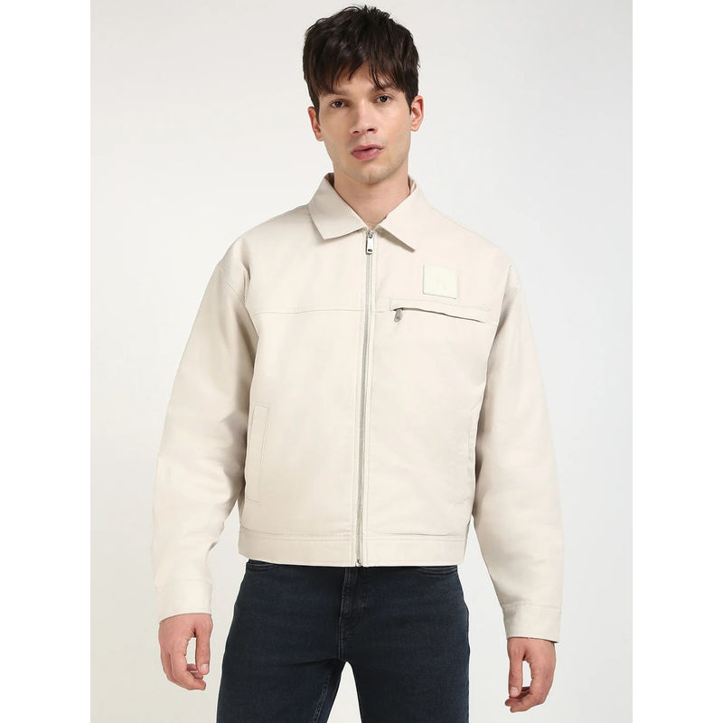 Calvin Klein Cream Solid Relaxed Fit Cotton Jacket (M)