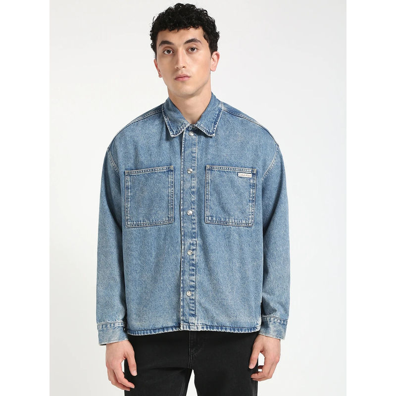 Calvin Klein Blue Solid Relaxed Fit Cotton Jacket (S)