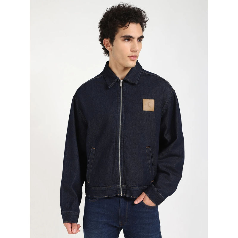 Calvin Klein Navy Blue Solid Relaxed Fit Cotton Jacket (XS)