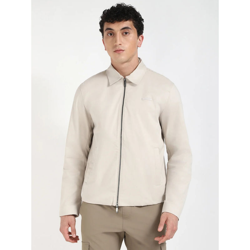 Calvin Klein Cream Solid Regular Fit Cotton Jacket (S)