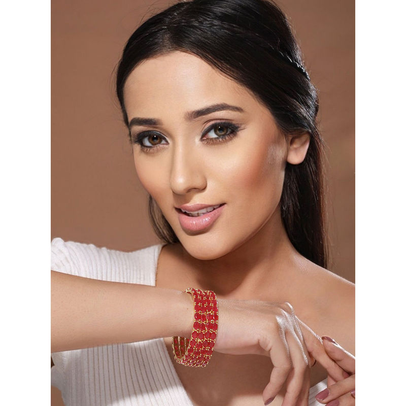 Saraf RS Jewellery Set of 4 Gold Plated Red Ruby Stone Studded Bangles