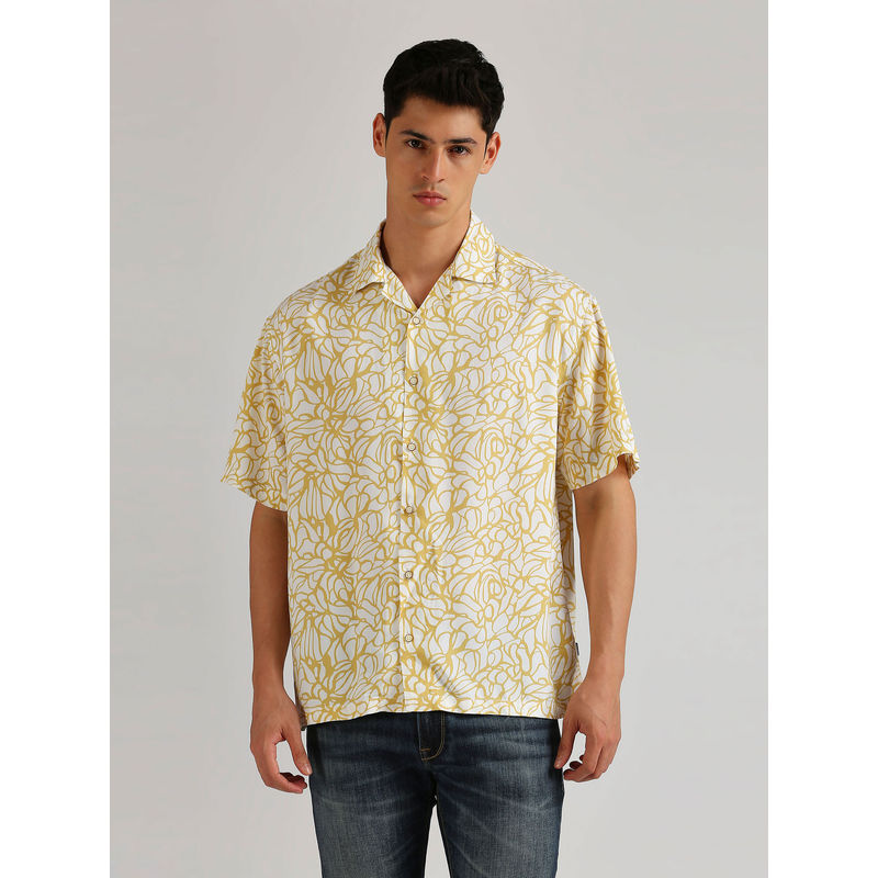 Pepe Jeans Yellow All Over Print Resort Collar Trendy Short Sleeve Shirt (L)