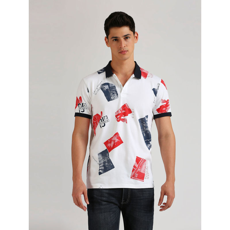 Pepe Jeans Remo All Over Graphic Printed Stretch Polo T-Shirt White (M)