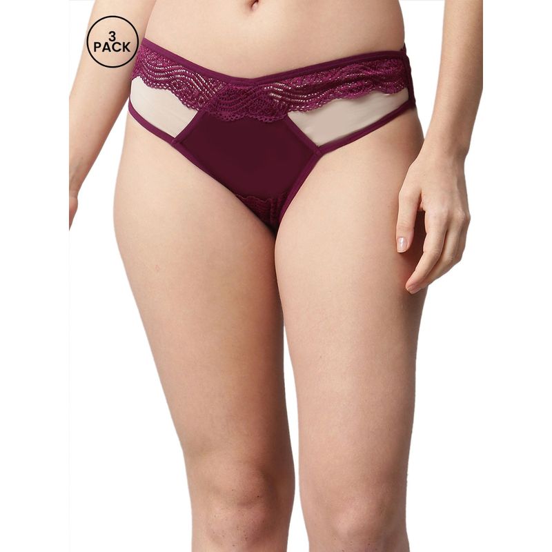 Cukoo Pack of 3 Lacy Burgundy Panty (S)