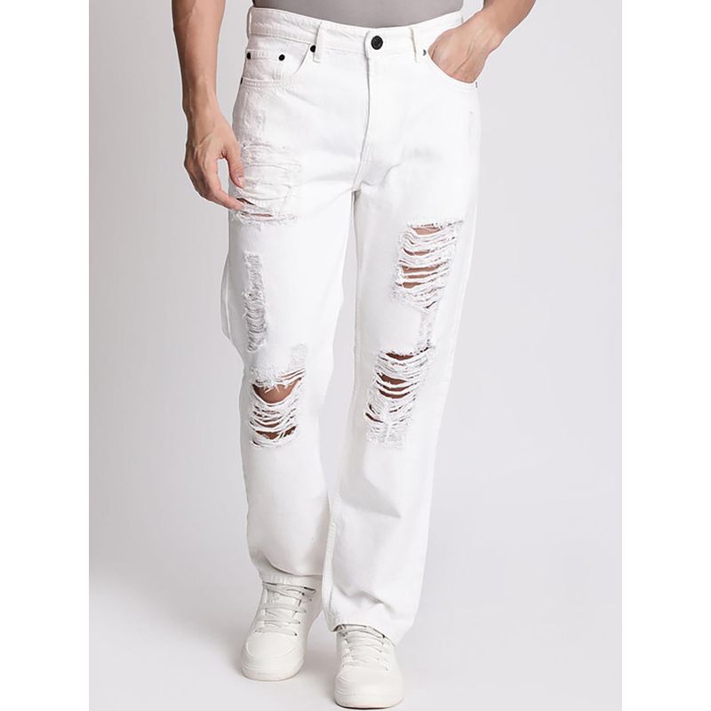 Bene Kleed Men White Distressed Relaxed Fit Jeans (36)