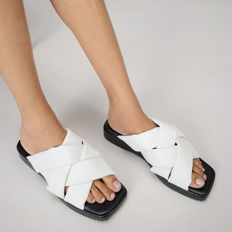 MIXT by Nykaa Fashion White Square Toe Criss Cross Strap Slider Flats (EURO 37)