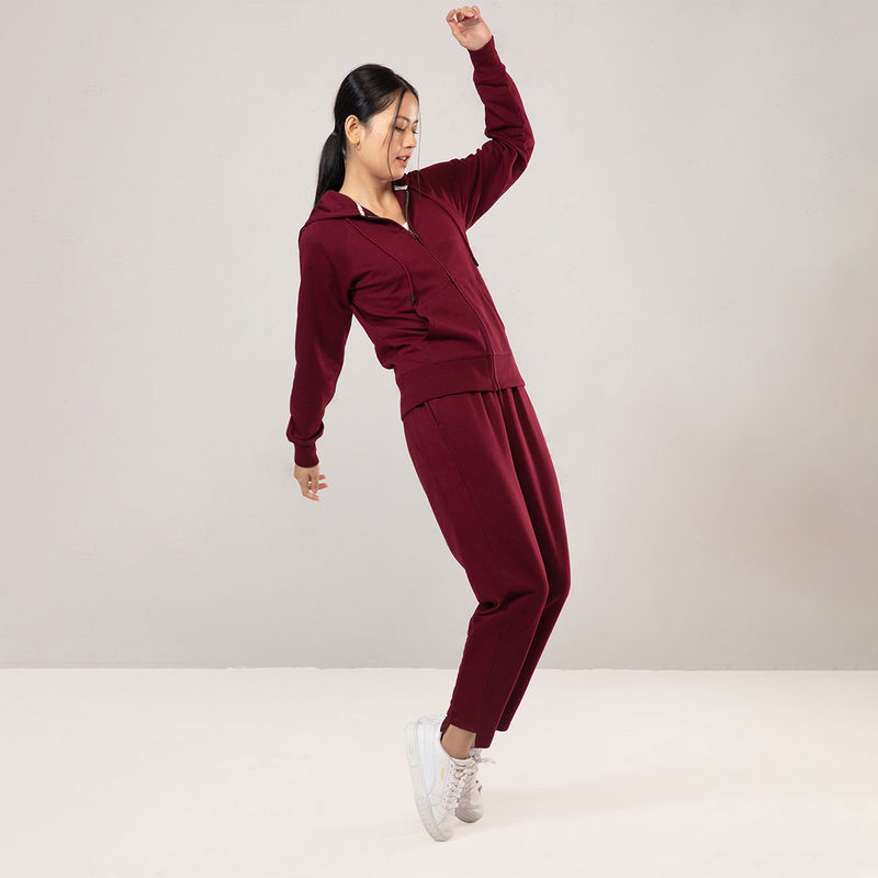 Nykd by Nykaa Cotton Terry Jogger with Adjustable Waist & Hi-low Hem Detail NYAT236-A Zinfandel (S)