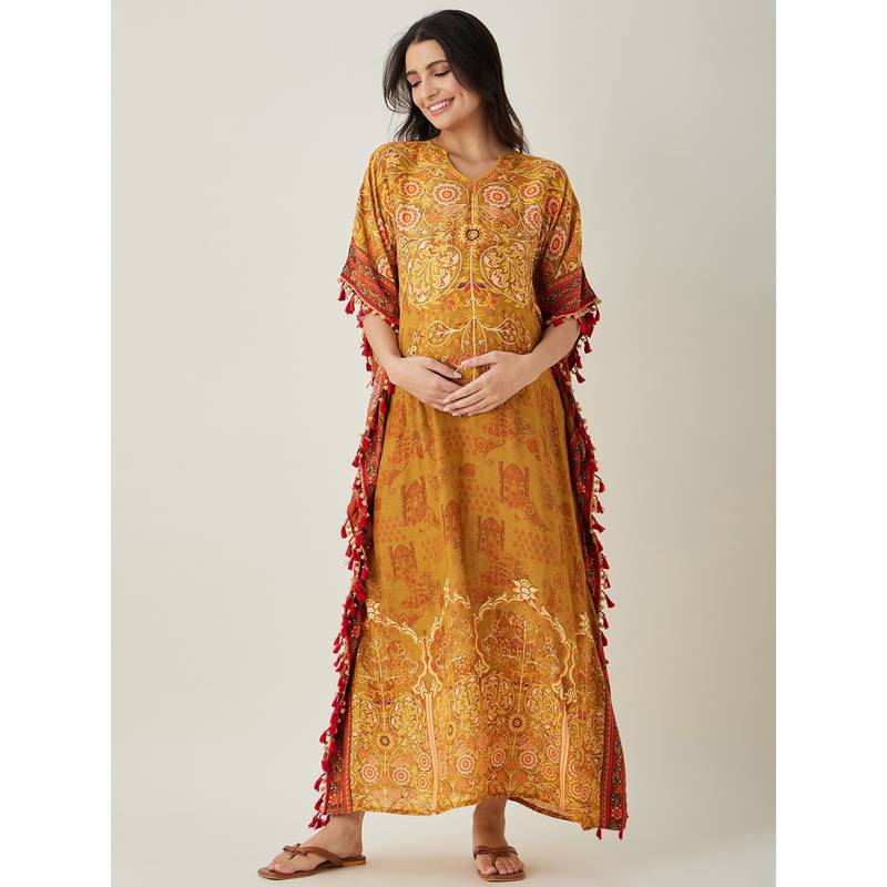 The Kaftan Company Mustard Intricate Floral Printed Maternity Kaftan (2XL)