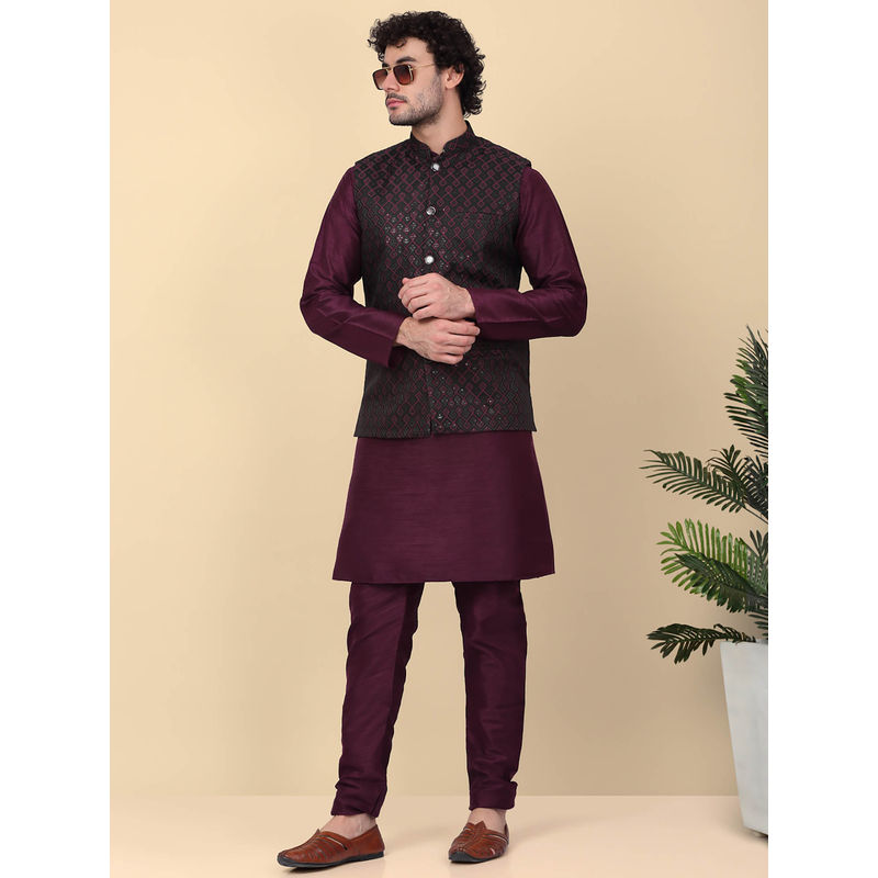 Kraft India Men's Purple Silk Blend Kurta and Churidar with Embroidered Nehru Jacket (Set of 3) (42)
