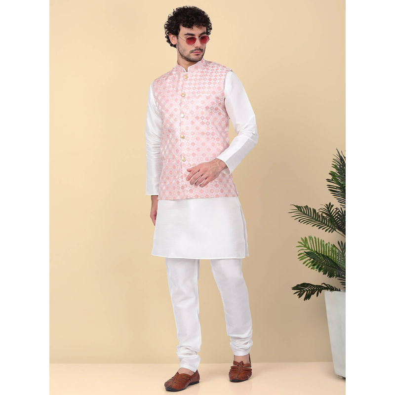 Kraft India Men's Silk Blend Cream Kurta and Churidar with Pink Nehru Jacket (Set of 3) (36)