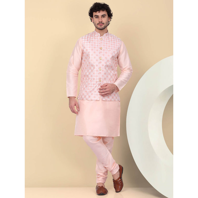 Kraft India Men's Silk Blend Pink Kurta and Churidar with Embroidered Nehru Jacket (Set of 3) (36)