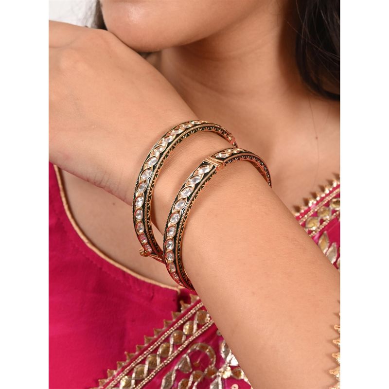 Ratnavali Jewels Gold Plated Green Enamel White Kundan Sleek Openable Bangle (2.4)