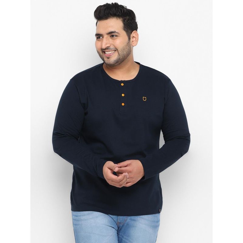 Urbano Plus Men's Navy Blue Solid Henley Neck Regular Fit Full Sleeve Cotton T-Shirt (3XL)