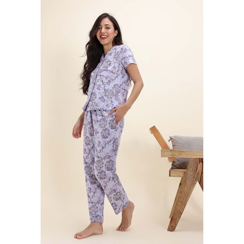 Zivame Nature Trails Knit Cotton Nightsuit - Heirloom Lilac (S)