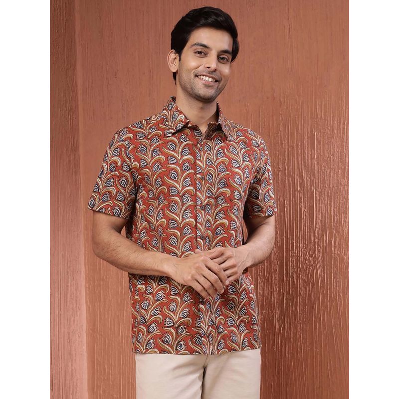 Fabindia Orange Cotton Floral Printed Shirt (S)