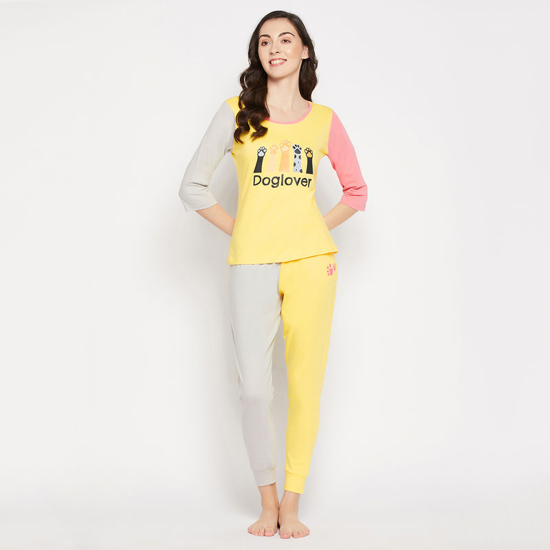 Clovia Quirky Quote Print Top & Jogger Set - Cotton -Yellow (S)