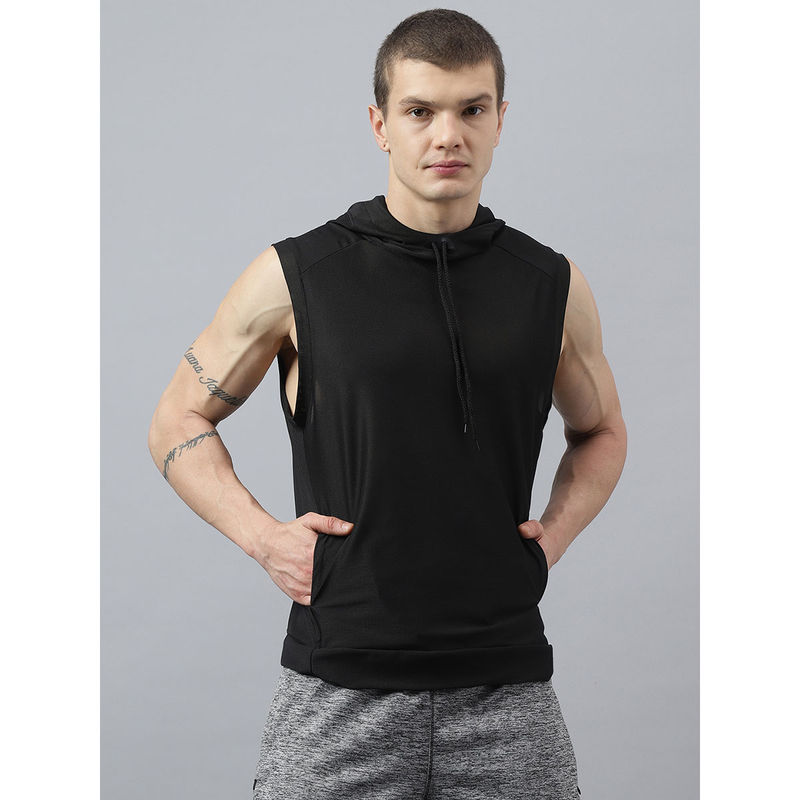 Fitkin Men Textured Hooded Neck Black T-Shirt (S)