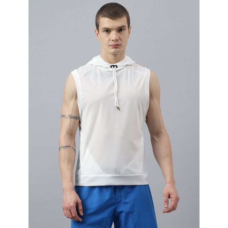 Fitkin Men Textured Hooded Neck White T-Shirt (S)