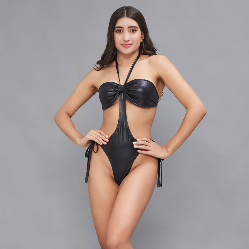 Secrets By ZeroKaata Women Metallic Halter Beach Wear Swim Bodysuit (XS)